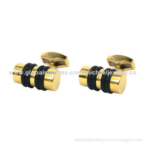 Stainless Steel Cufflinks with Black Rubber Rings and Plated IP Gold